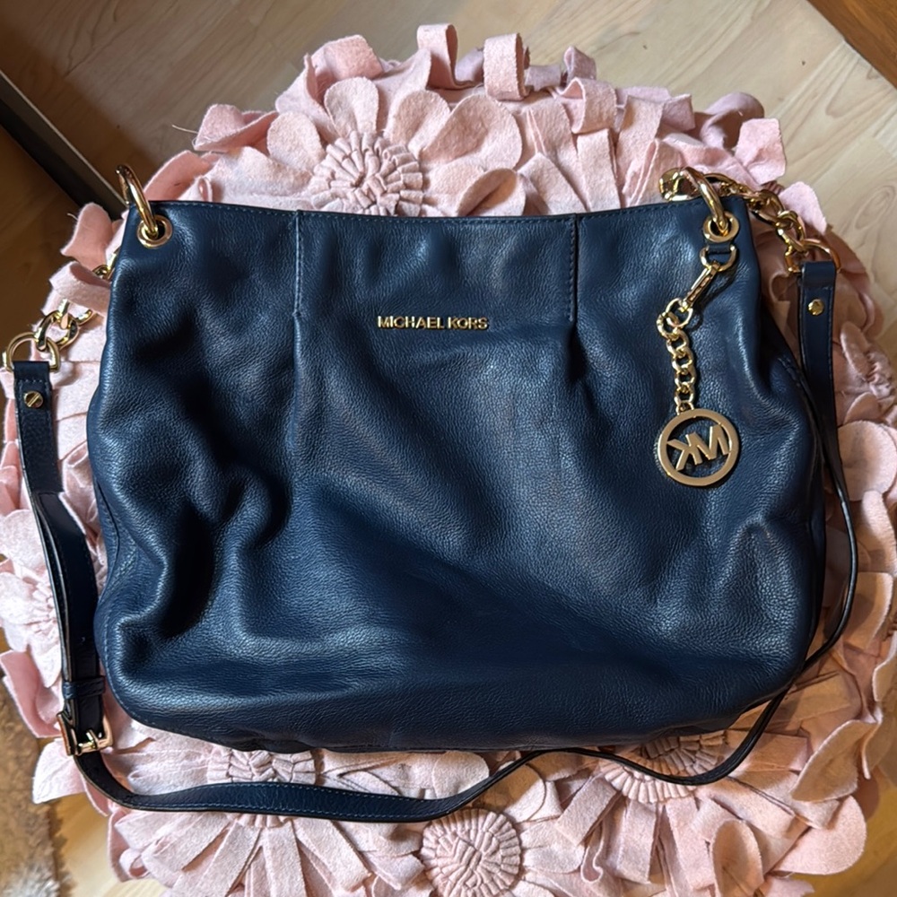 Michael Kors Blue Leather Shoulder Bag with Gold Hardware